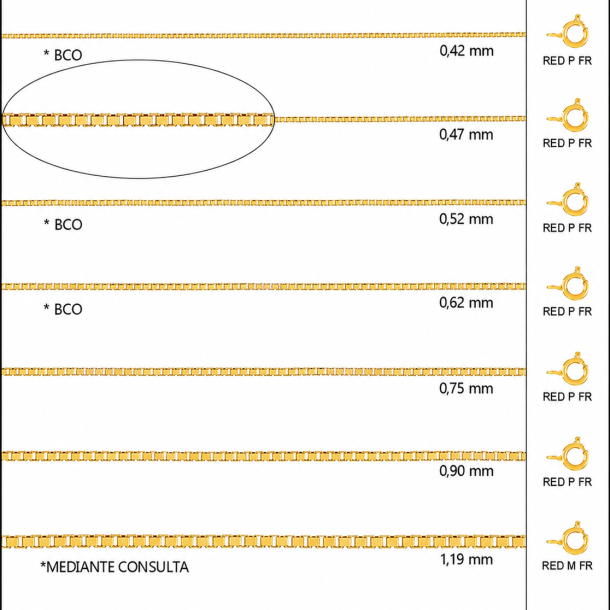 Tabela de medidas - Pulseira Veneziana em Ouro 18K