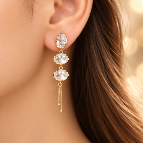 Brincos Pendentes Trio Oval com Pedras Cristal em Ouro 18K
