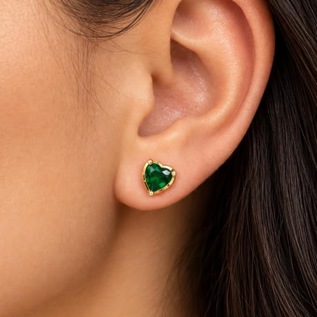 Brincos Coração com Pedra Verde em Ouro 18K