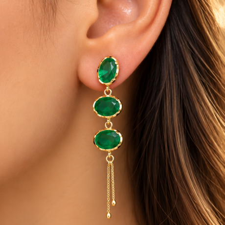 Brincos Pendentes Trio Oval com Pedras Verdes em Ouro 18K