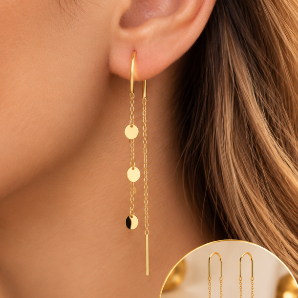 Brincos de Fio com Discos em Ouro 18K