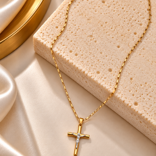 Colar Crucifixo Bicolor em Ouro 18K