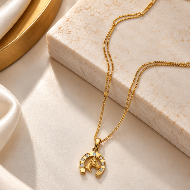 Colar Ferradura com Cavalo e Pontos de Luz em Ouro 18K (2)