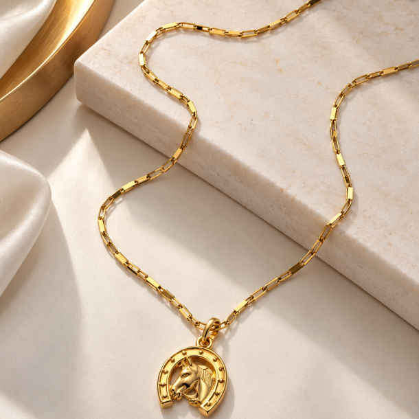 Colar Ferradura com Cavalo em Ouro 18K