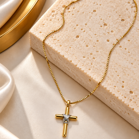 Colar Cruz Entrelaçada Bicolor em Ouro 18K