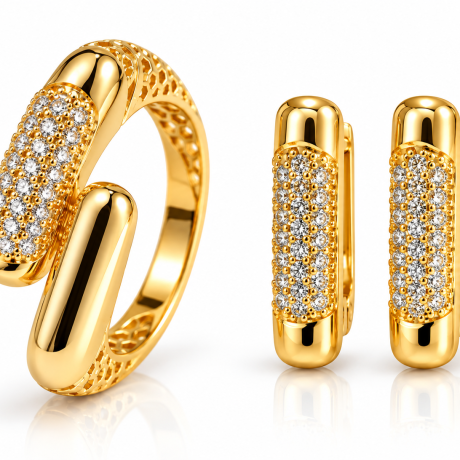 Conjunto Anel e Brincos Cravejados em Ouro 18K