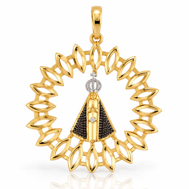 Medalhão Nossa Senhora Aparecida Cravejado em Ouro 18K